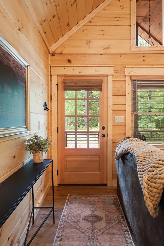 953 Lemmon Ln, Ellijay, GA 30540 - doorway featuring lofted ceiling, wooden ceiling, wooden walls, and dark wood-style flooring