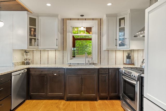 kitchen with dark brown cabinets, a sink, backsplash, light wood-style floors, and stainless steel appliances