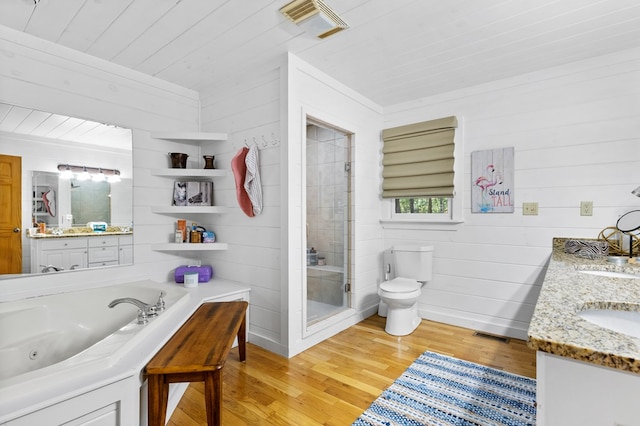 full bathroom with wood ceiling, wood-type flooring, plus walk in shower, wooden walls, and toilet