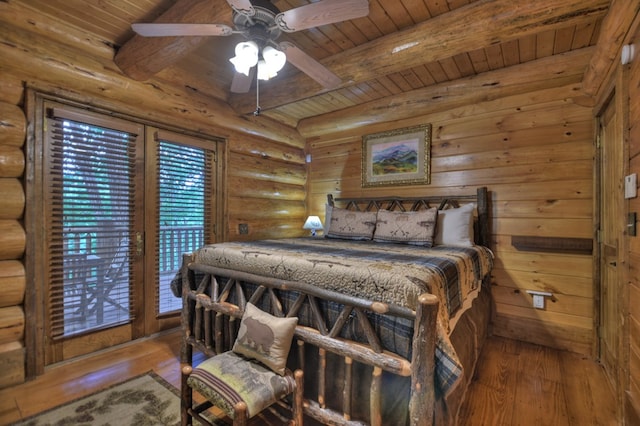 bedroom with wooden ceiling, hardwood / wood-style floors, beam ceiling, and ceiling fan