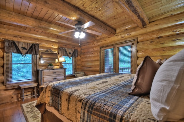 bedroom with beamed ceiling, dark hardwood / wood-style flooring, wood ceiling, ceiling fan, and rustic walls