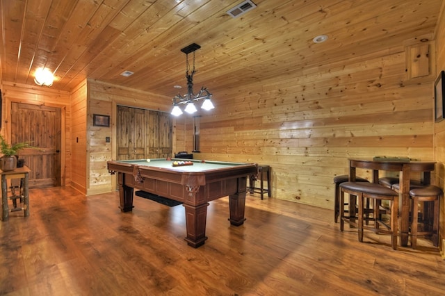 recreation room featuring wood walls, billiards, dark hardwood / wood-style flooring, and wooden ceiling