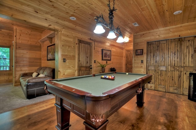 playroom with pool table, wood ceiling, dark hardwood / wood-style floors, and wooden walls