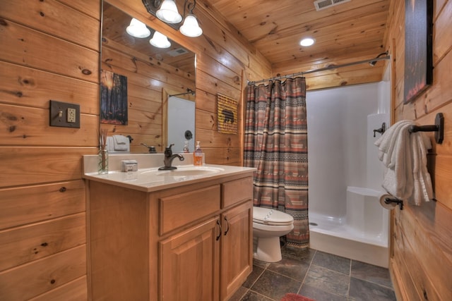 bathroom with a shower with shower curtain, wood ceiling, toilet, and vanity