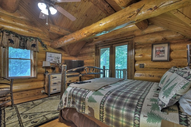 bedroom featuring hardwood / wood-style floors, wood ceiling, and log walls