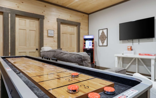 recreation room with wooden walls and wooden ceiling