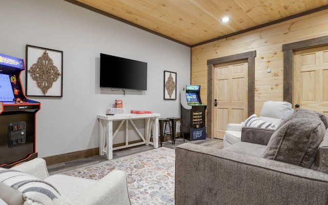 living room with wood-type flooring and wood ceiling