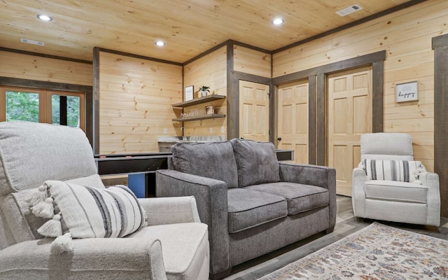 living room featuring wood walls, wood ceiling, and dark wood-type flooring