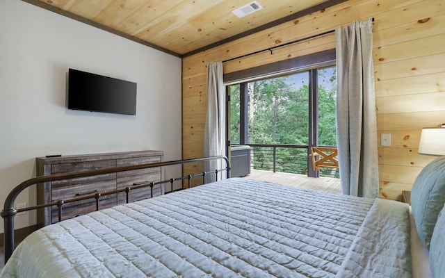 bedroom with wood ceiling and wooden walls