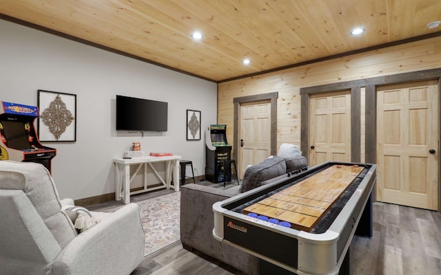 rec room with wood-type flooring and wood ceiling