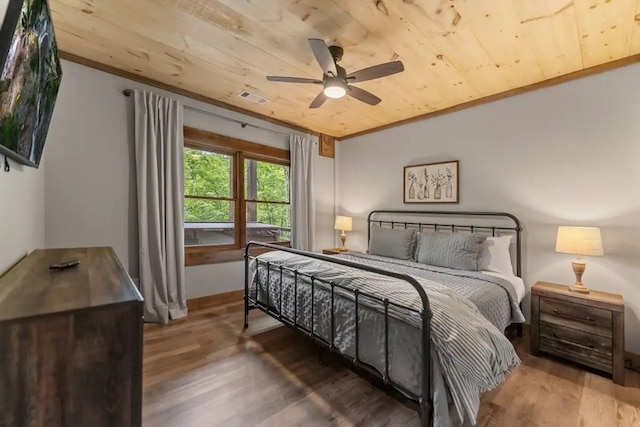 bedroom with hardwood / wood-style flooring, ceiling fan, wooden ceiling, and lofted ceiling