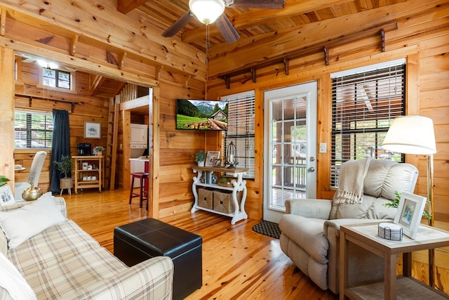 106 River Vista Dr, Dillard, GA 30537 - living area featuring wooden walls, a ceiling fan, wood finished floors, and wood ceiling