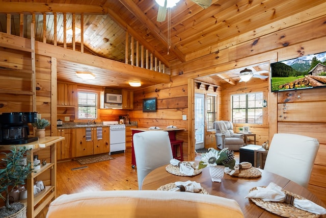 106 River Vista Dr, Dillard, GA 30537 - dining room with a ceiling fan, wood walls, light wood-style flooring, and wooden ceiling