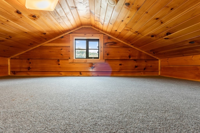 106 River Vista Dr, Dillard, GA 30537 - additional living space with wooden walls, vaulted ceiling, wooden ceiling, and carpet