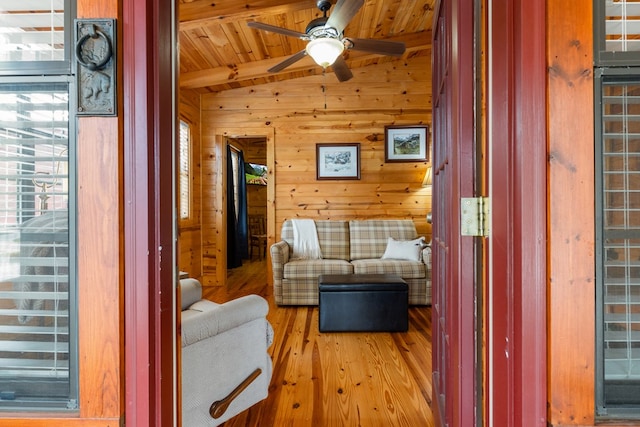 106 River Vista Dr, Dillard, GA 30537 - living area with wooden walls, wood finished floors, a ceiling fan, and wooden ceiling