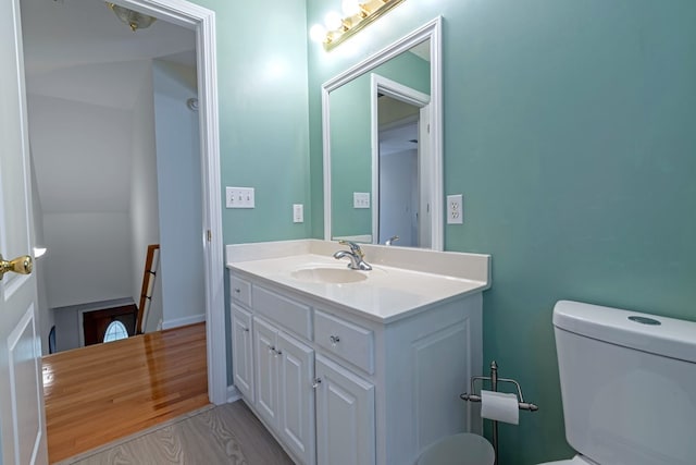 bathroom featuring vanity, toilet, and wood-type flooring