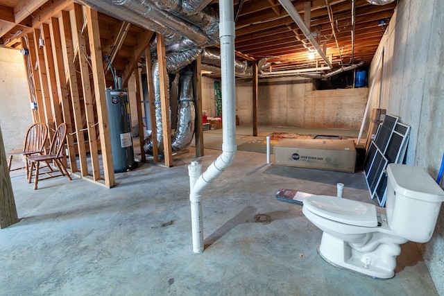 basement with electric water heater and heating unit