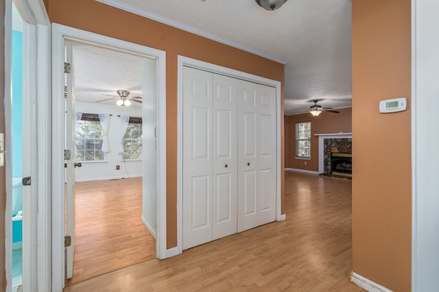 hall featuring light wood-type flooring, a textured ceiling, and ornamental molding