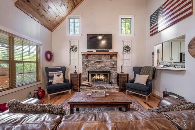 104 E Buck Run, Dahlonega, GA 30533 - living area featuring high vaulted ceiling, wood finished floors, plenty of natural light, a fireplace, and wood ceiling