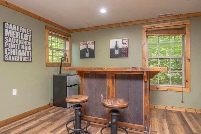104 E Buck Run, Dahlonega, GA 30533 - indoor dry bar featuring freestanding refrigerator, wood finished floors, and recessed lighting