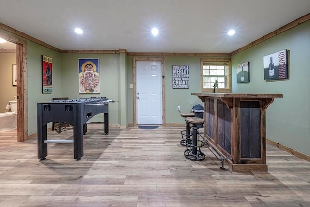 104 E Buck Run, Dahlonega, GA 30533 - rec room with light wood finished floors, crown molding, recessed lighting, and a bar