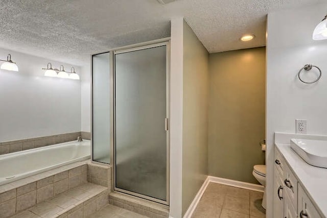 full bathroom featuring vanity, toilet, plus walk in shower, and tile patterned floors