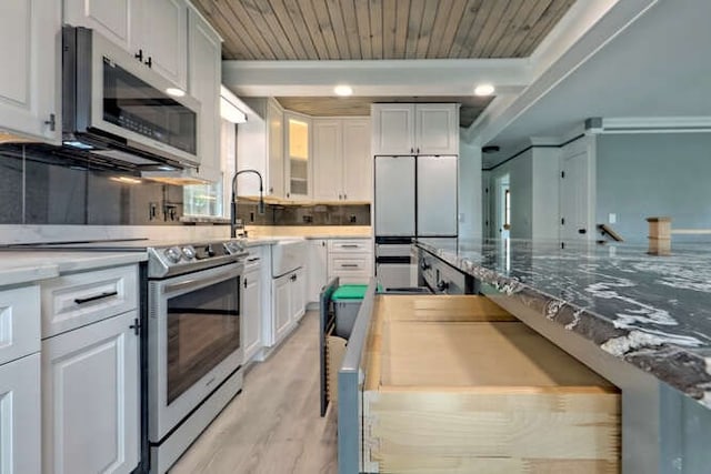 kitchen featuring wood ceiling, backsplash, white cabinetry, stainless steel appliances, and light wood-type flooring