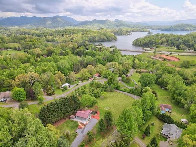 drone / aerial view with a water and mountain view