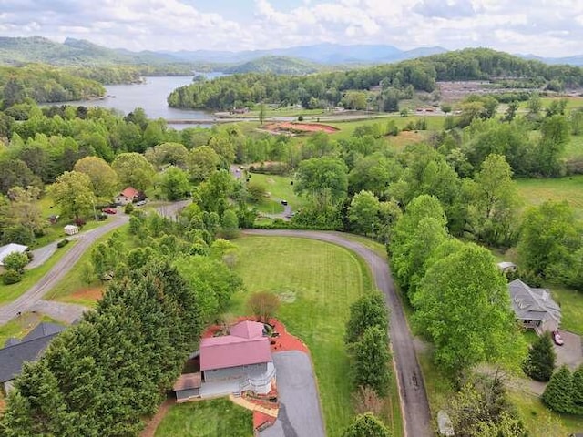 birds eye view of property with a water and mountain view