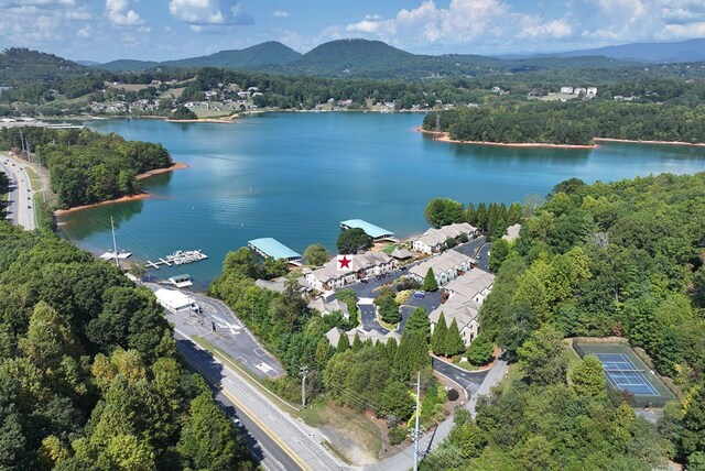 drone / aerial view with a water and mountain view