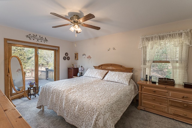 carpeted bedroom featuring access to exterior and ceiling fan