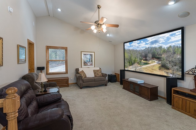 interior space with high vaulted ceiling and ceiling fan