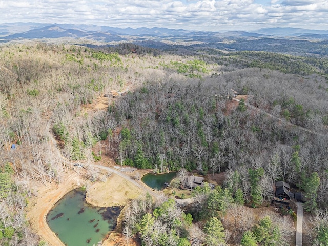 aerial view featuring a water and mountain view