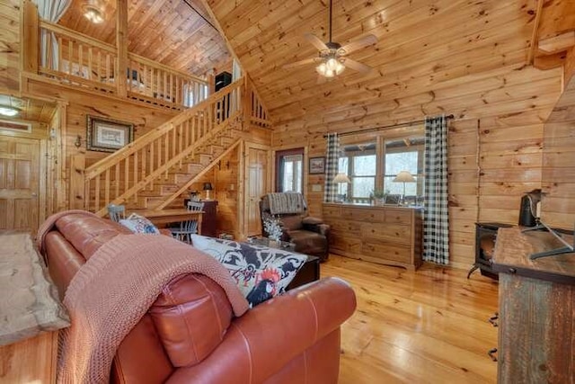 271 Kates Cove Rd, Murphy, NC 28906 - living area with wood walls, wood ceiling, hardwood / wood-style floors, ceiling fan, and stairs