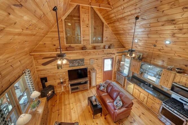 271 Kates Cove Rd, Murphy, NC 28906 - living area with ceiling fan, wooden ceiling, wood walls, light wood-type flooring, and high vaulted ceiling