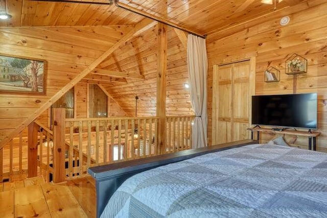 271 Kates Cove Rd, Murphy, NC 28906 - bedroom with wood ceiling, wood walls, lofted ceiling, and wood finished floors