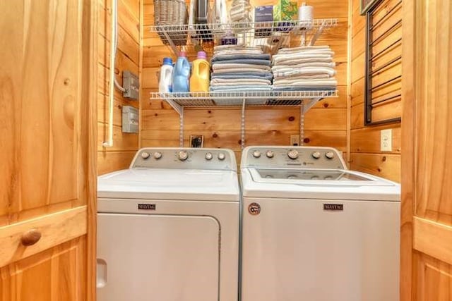 271 Kates Cove Rd, Murphy, NC 28906 - laundry area with separate washer and dryer and wood walls