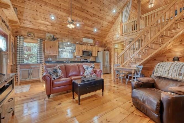 271 Kates Cove Rd, Murphy, NC 28906 - living room with wooden ceiling, stairs, high vaulted ceiling, light wood-type flooring, and wooden walls
