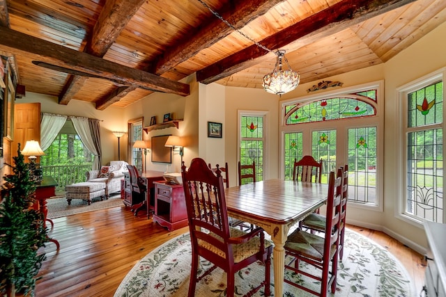 1504 Red Marble Rd, Andrews, NC 28901 - dining room featuring a wood ceiling with exposed beams, healthy amount of natural light, a chandelier, and wood-type flooring