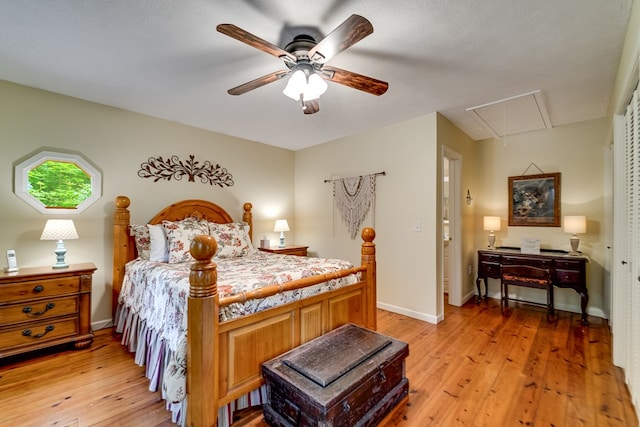 1504 Red Marble Rd, Andrews, NC 28901 - bedroom featuring attic access, light wood-style floors, and a ceiling fan
