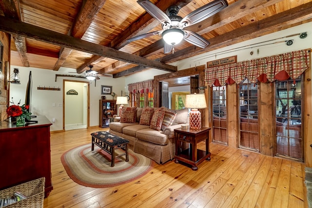1504 Red Marble Rd, Andrews, NC 28901 - living room featuring ceiling fan, a wooden ceiling with exposed beams, and hardwood / wood-style flooring
