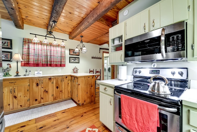 1504 Red Marble Rd, Andrews, NC 28901 - kitchen with stainless steel appliances, wood ceiling, light wood-style floors, light countertops, and independent washer and dryer