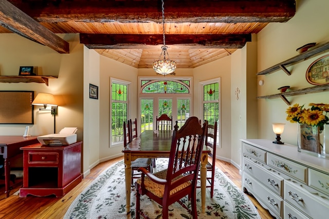 1504 Red Marble Rd, Andrews, NC 28901 - dining space with a wooden ceiling with exposed beams, light wood-style flooring, and a chandelier