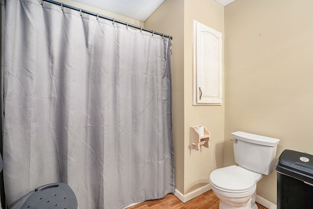 542 Sharp Top Cir, Blairsville, GA 30512 - bathroom with a shower with curtain, wood finished floors, baseboards, and toilet