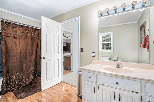 542 Sharp Top Cir, Blairsville, GA 30512 - bathroom with curtained shower, wood finished floors, vanity, and ornamental molding