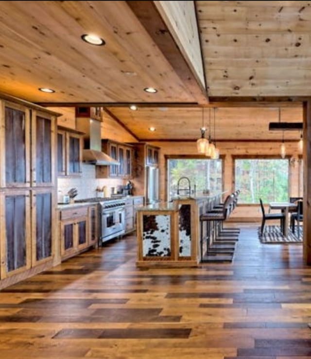 LOT1 S Aska Rd, Blue Ridge, GA 30515 - kitchen with exhaust hood, wood ceiling with exposed beams, dark wood-style floors, recessed lighting, and high end stainless steel range oven