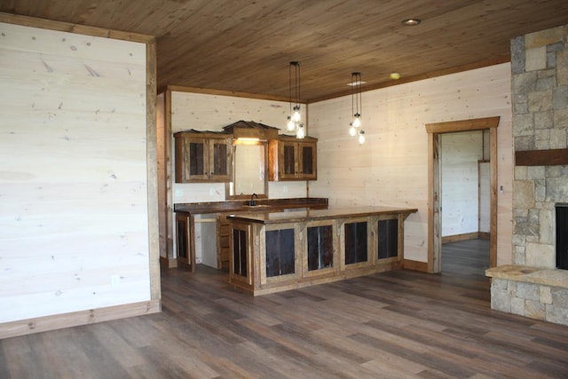 LOT1 S Aska Rd, Blue Ridge, GA 30515 - kitchen with wood ceiling, dark wood-style floors, a fireplace, baseboards, and hanging light fixtures