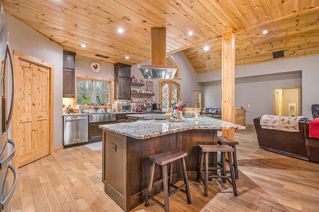 kitchen featuring wooden ceiling, light hardwood / wood-style flooring, a center island, and stainless steel appliances