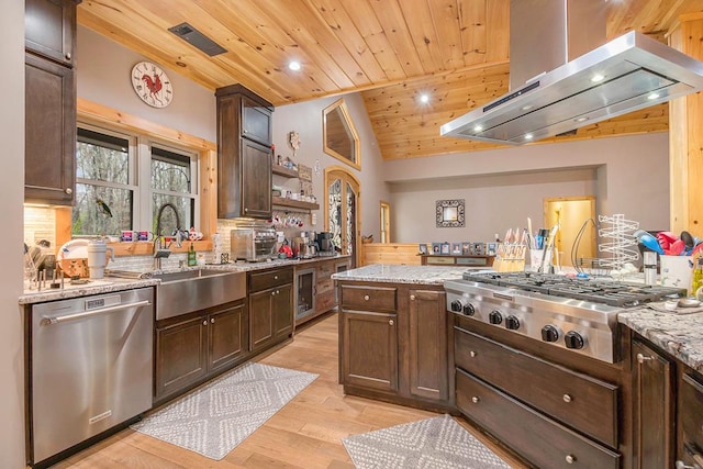 kitchen with ventilation hood, stainless steel appliances, light hardwood / wood-style flooring, wooden ceiling, and lofted ceiling