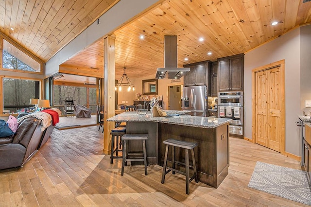 kitchen with light hardwood / wood-style floors, island exhaust hood, wooden ceiling, and stainless steel appliances